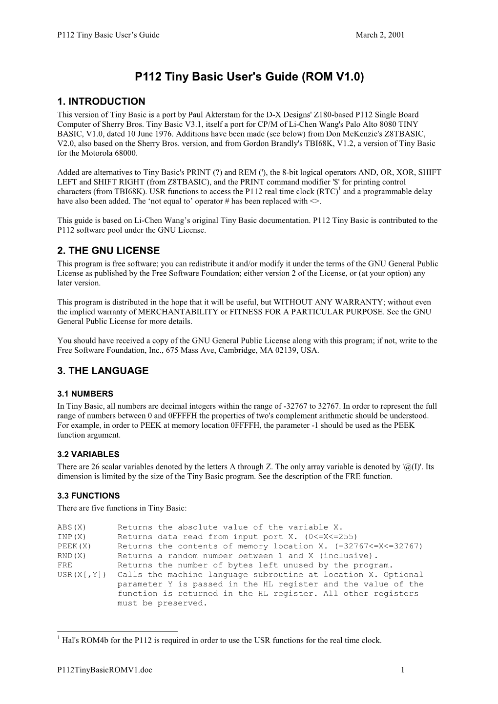 P112 Tiny Basic User's Guide (ROM V1.0)