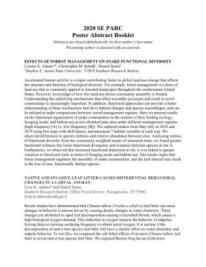 2020 SE PARC Poster Abstract Booklet Abstracts Are Listed Alphabetically by First Author’S Last Name