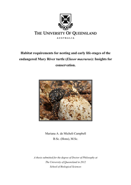 Habitat Requirements for Nesting and Early Life-Stages of the Endangered Mary River Turtle (Elusor Macrurus): Insights for Conservation