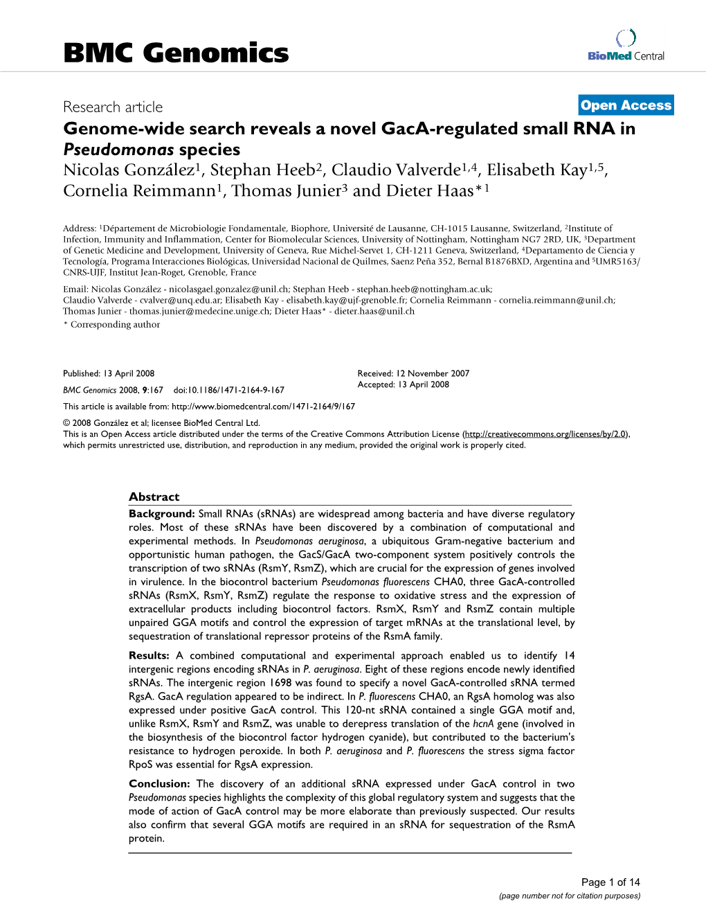 Genome-Wide Search Reveals a Novel Gaca-Regulated Small RNA In
