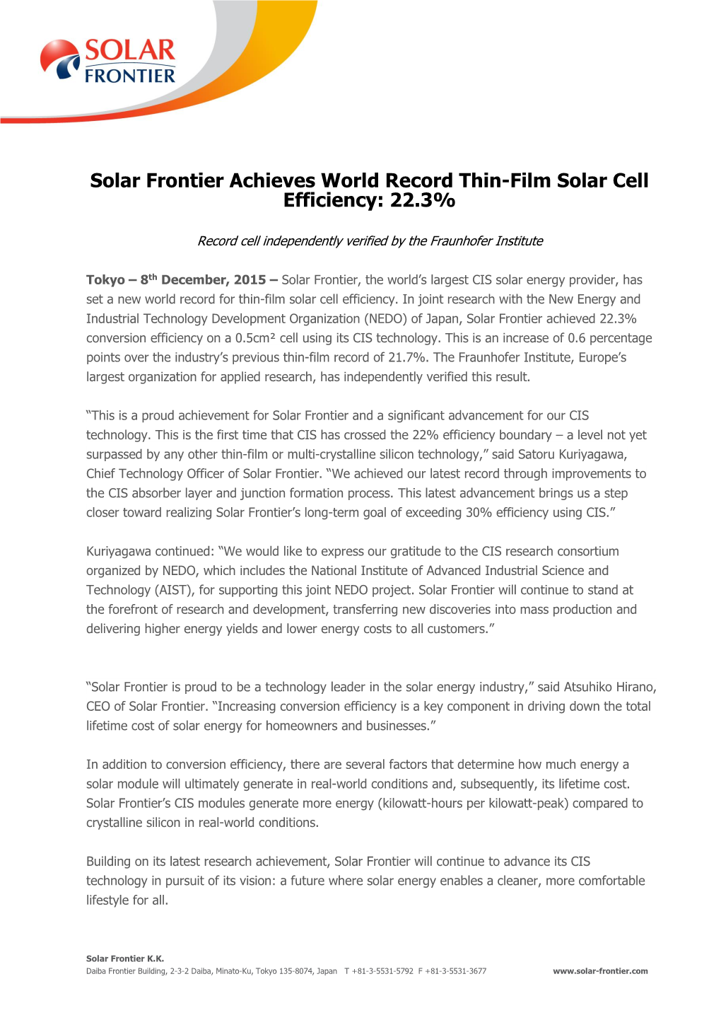 Solar Frontier Achieves World Record Thin-Film Solar Cell Efficiency: 22.3%