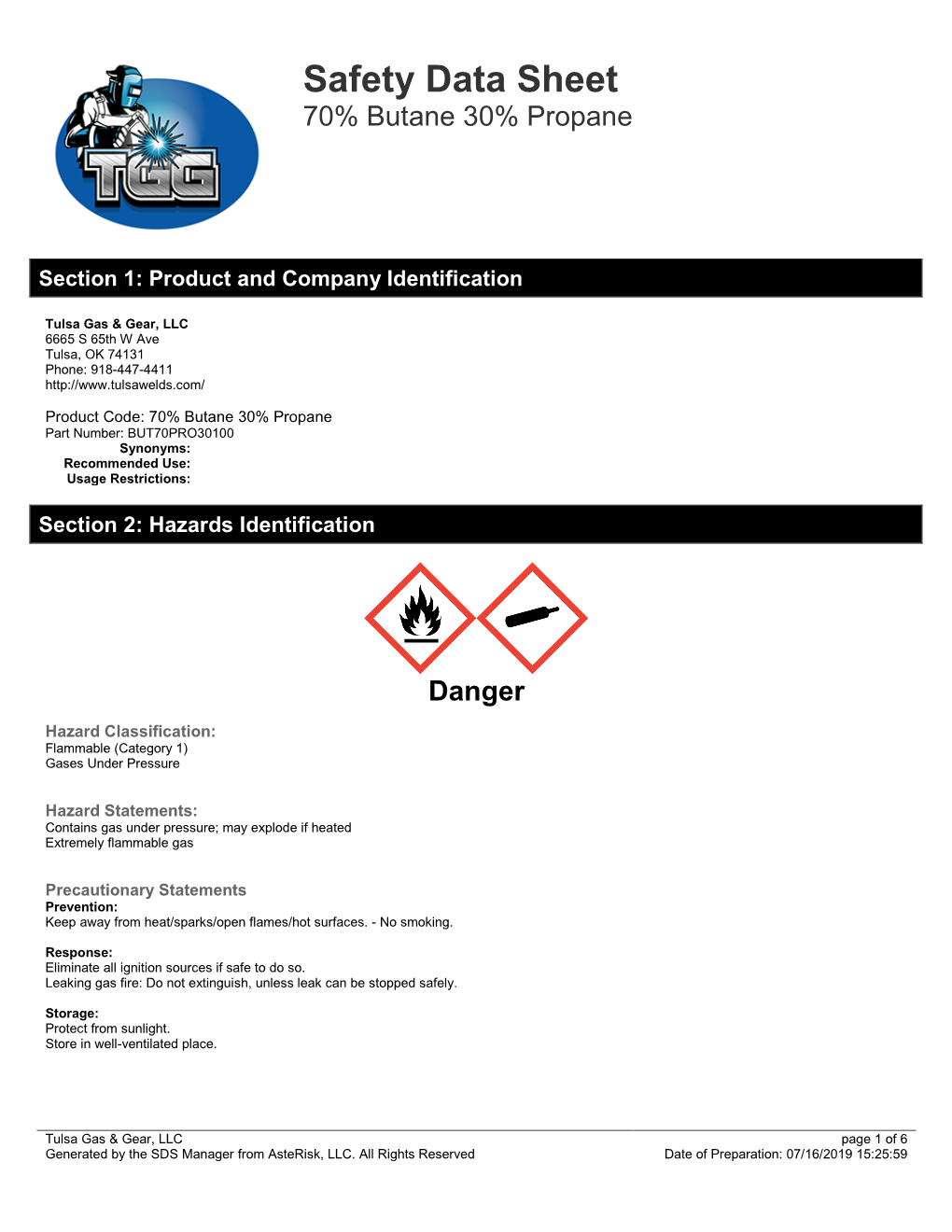 Safety Data Sheet 70% Butane 30% Propane