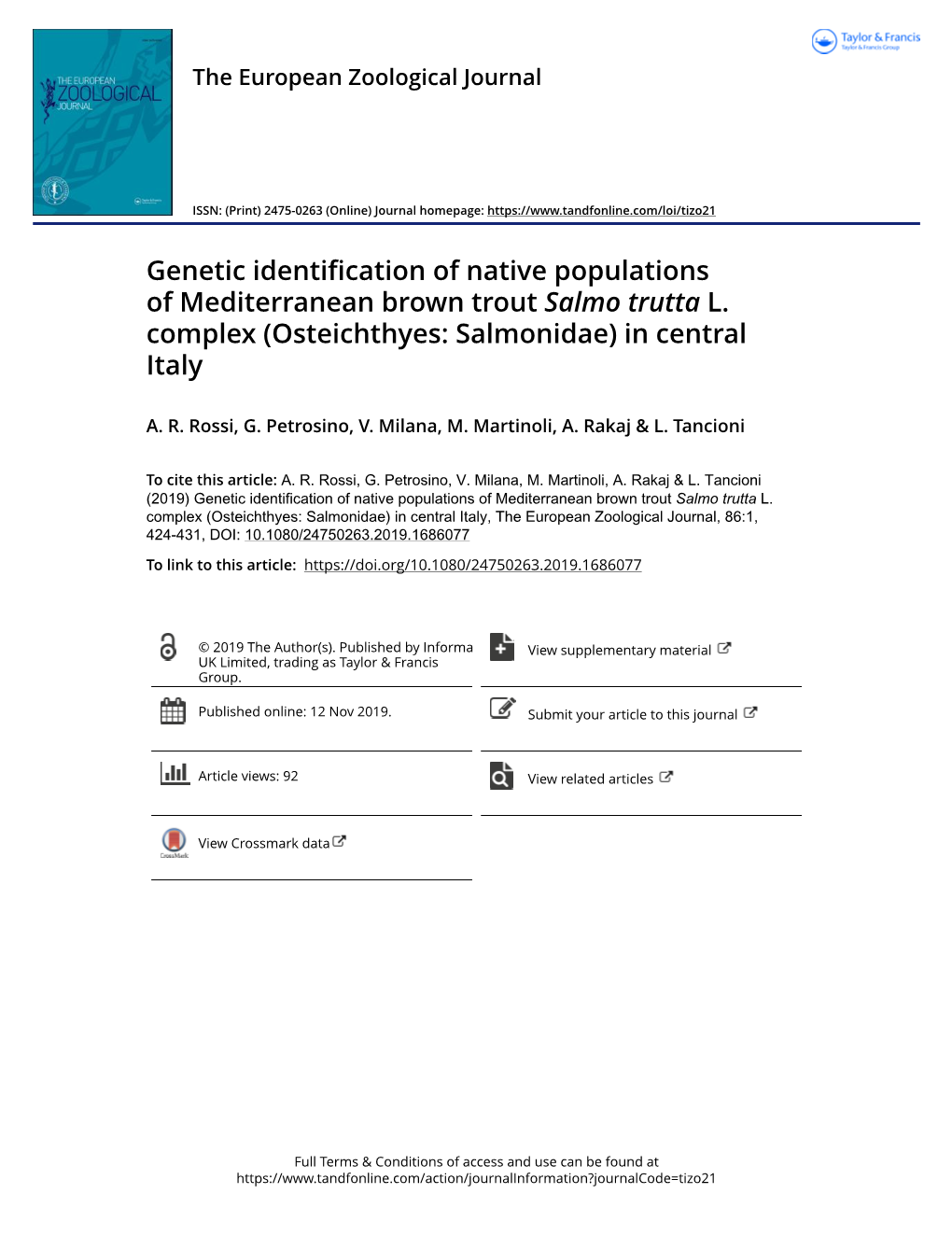 Genetic Identification of Native Populations of Mediterranean Brown Trout Salmo Trutta L. Complex (Osteichthyes: Salmonidae) in Central Italy