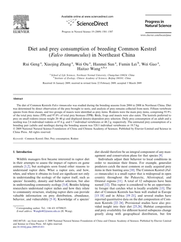 Diet and Prey Consumption of Breeding Common Kestrel (Falco Tinnunculus) in Northeast China