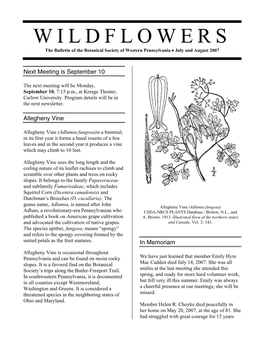 WILDFLOWERS the Bulletin of the Botanical Society of Western Pennsylvania • July and August 2007