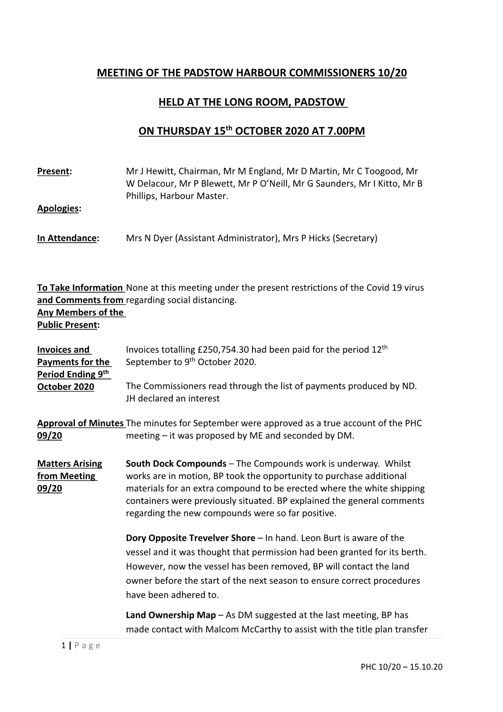 Meeting of the Padstow Harbour Commissioners 10/20