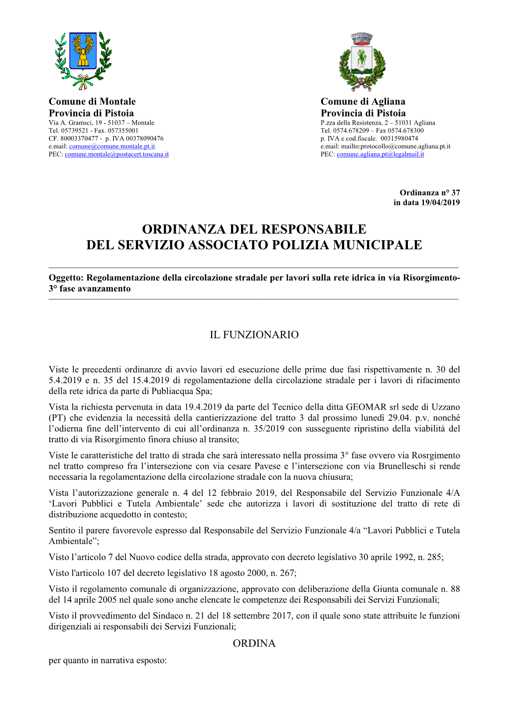 Ordinanza Del Responsabile Del Servizio Associato Polizia Municipale