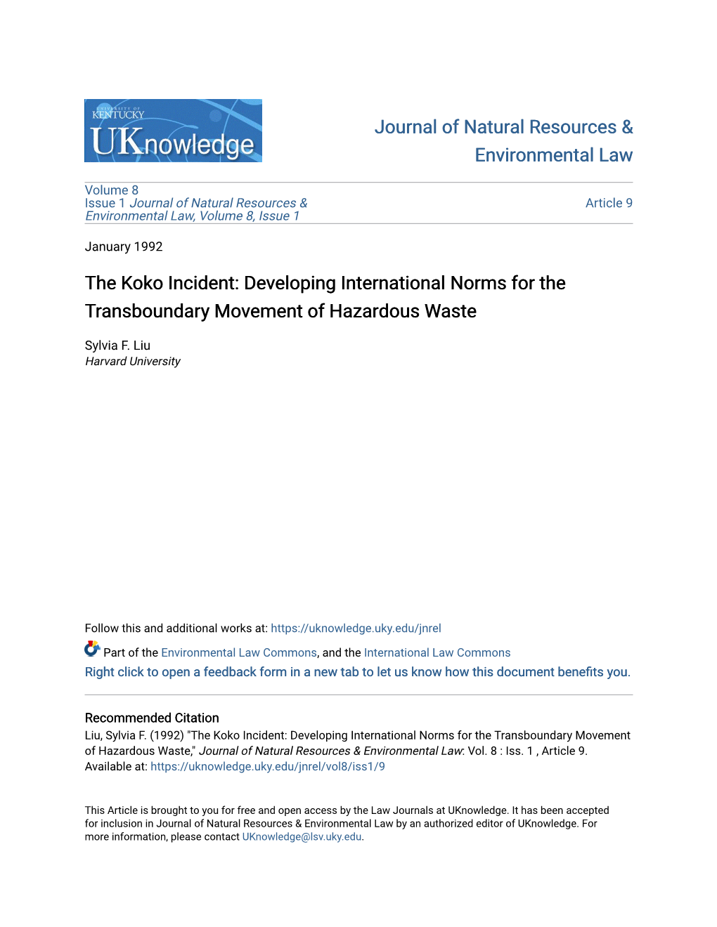 The Koko Incident: Developing International Norms for the Transboundary Movement of Hazardous Waste