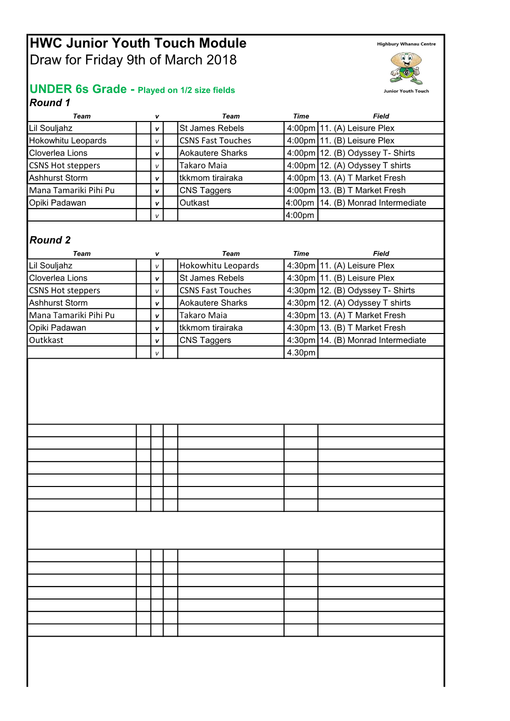 HWC Junior Youth Touch Module Draw for Friday 9Th of March 2018