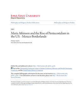 María Atkinson and the Rise of Pentecostalism in the U.S. - Mexico Borderlands Hector Avalos Iowa State University, Havalos@Iastate.Edu