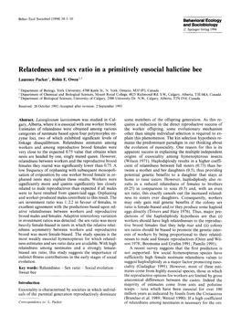Relatedness and Sex Ratio in a Primitively Eusocial Halictine Bee