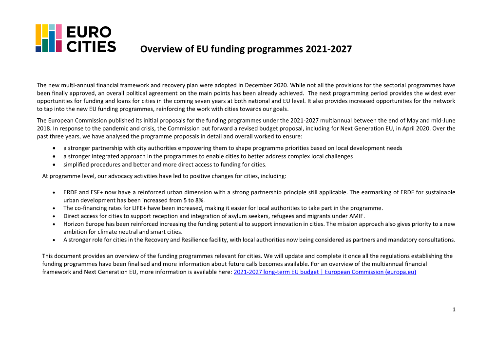 Overview of EU Funding Programmes 2021-2027