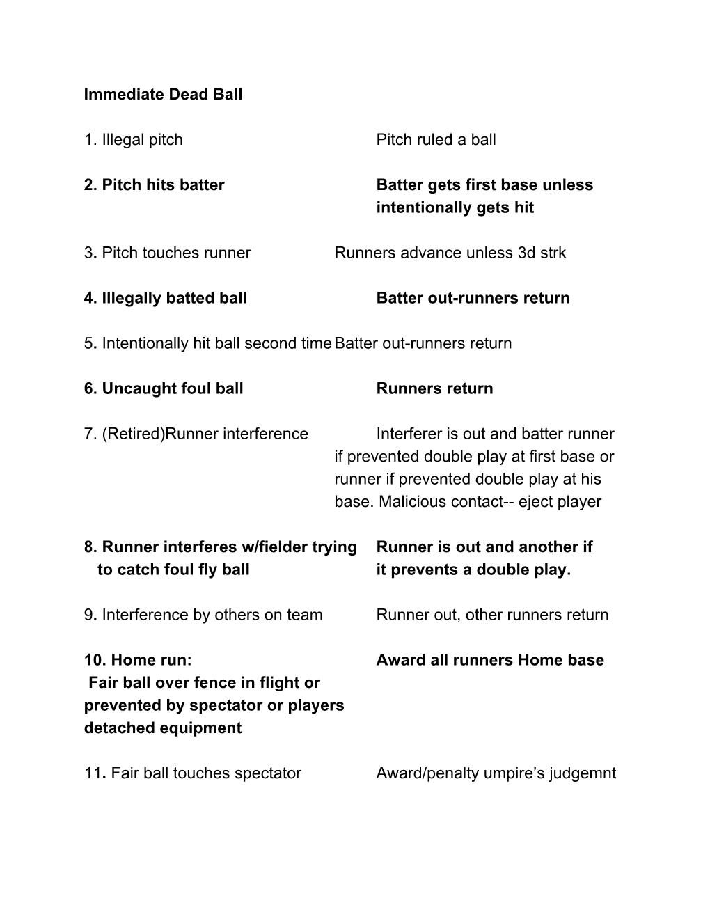 Immediate Dead Ball 1.​ ​Illegal Pitch Pitch Ruled a Ball 2. Pitch Hits