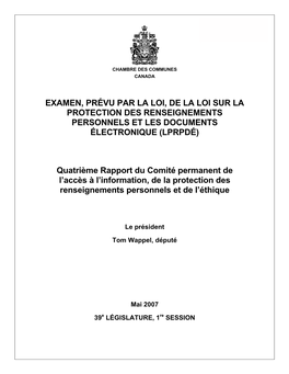 Examen, Prévu Par La Loi, De La Loi Sur La Protection Des Renseignements Personnels Et Les Documents Électronique (Lprpdé)