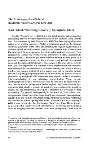 The Autobiographical Subtext in Martin Walser's Letter to Lord Liszt Kurt Fickert, Wittenberg University (Springfield, Ohio)