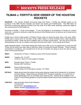 Tilman J. Fertitta New Owner of the Houston Rockets