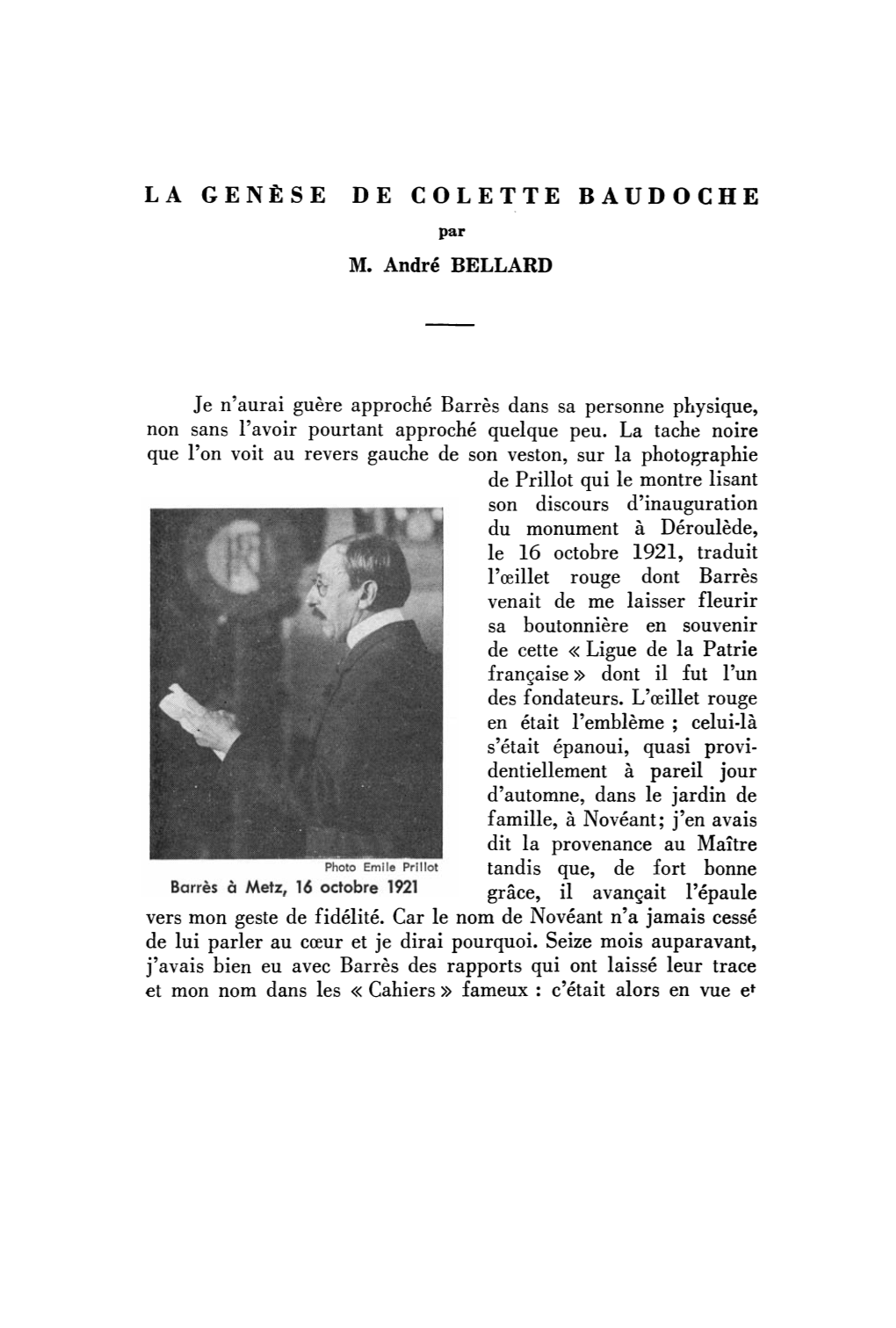 LA GENÈSE DE COLETTE BAUDOCHE M. André BELLARD
