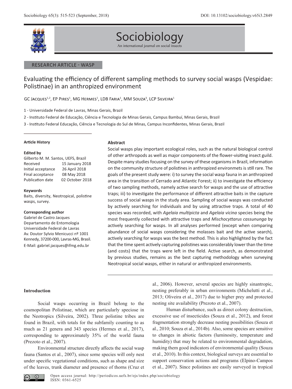 Sociobiology 65(3): 515-523 (September, 2018) DOI: 10.13102/Sociobiology.V65i3.2849