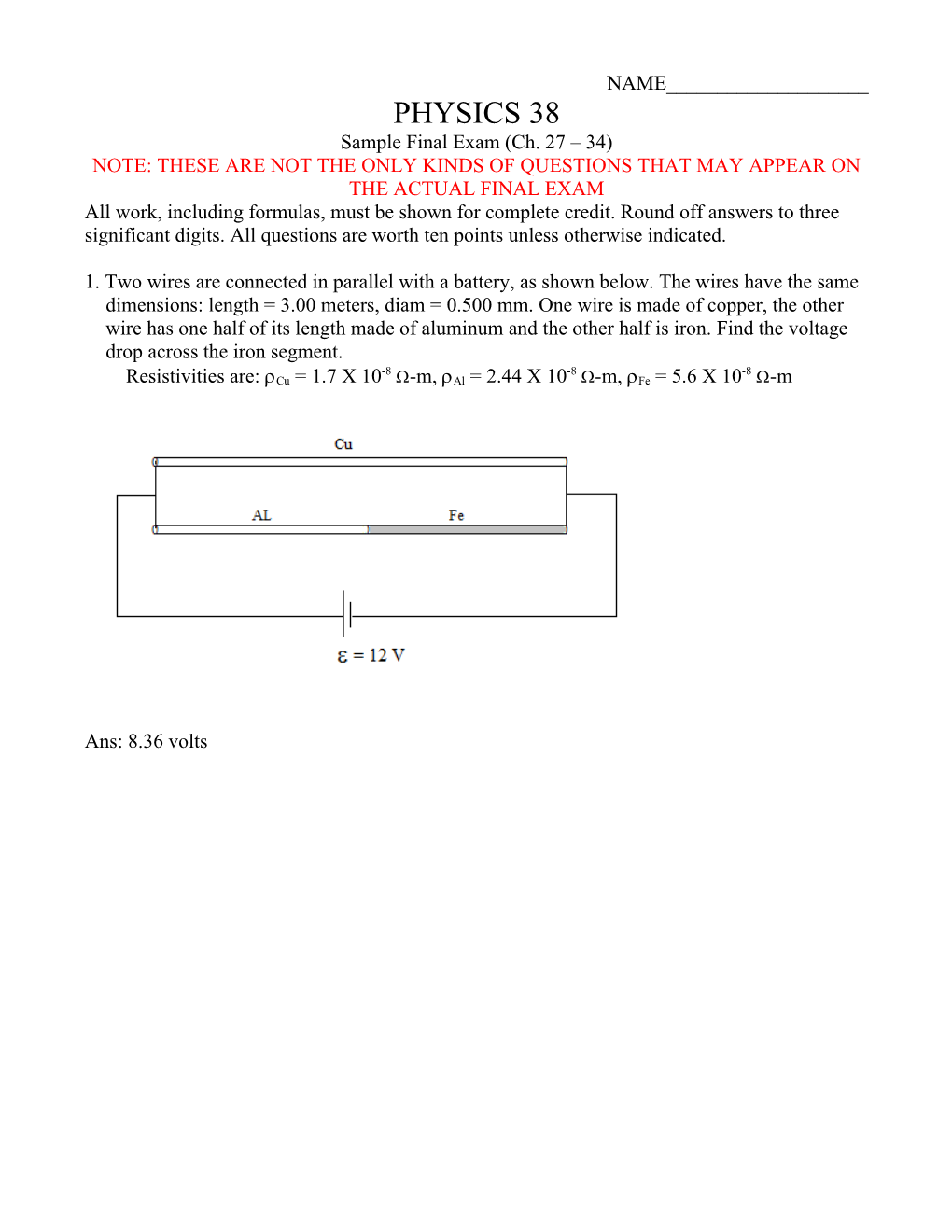 Sample Final Exam (Ch. 27 34)