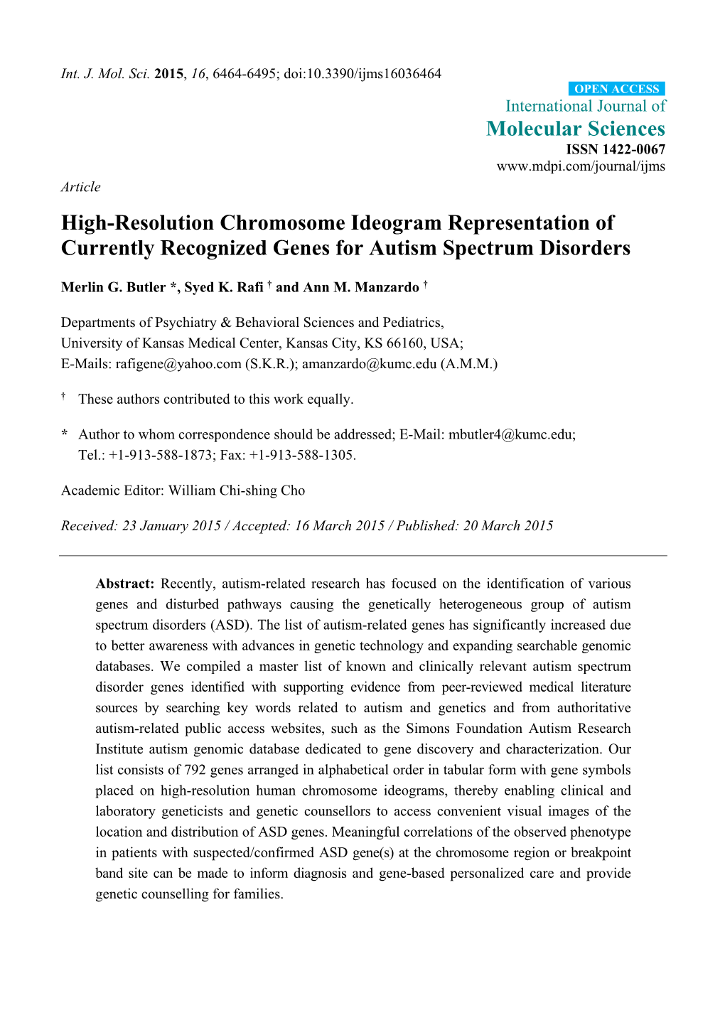 Molecular Sciences High-Resolution Chromosome Ideogram Representation of Currently Recognized Genes for Autism Spectrum Disorder