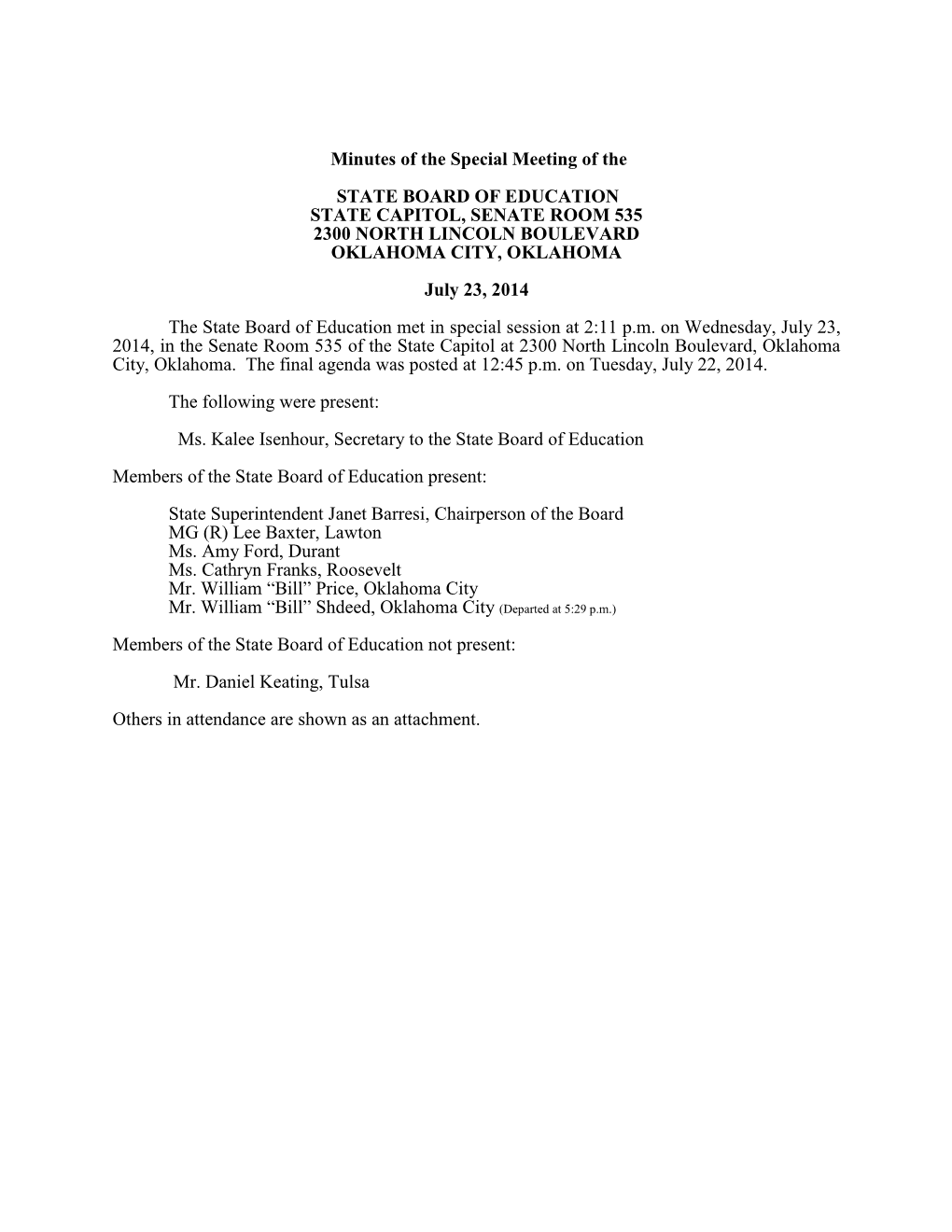 Minutes of the Special Meeting of the State Board of Education July 23, 2014