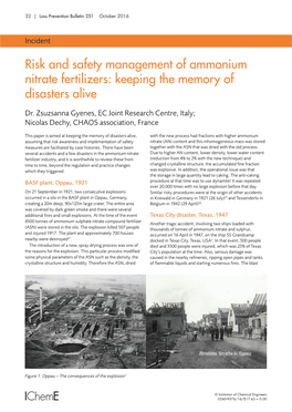 Risk and Safety Management of Ammonium Nitrate Fertilizers: Keeping the Memory of Disasters Alive