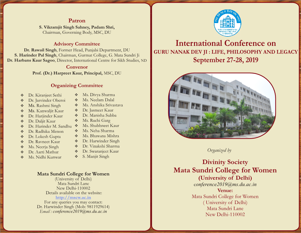 International Conference on GURU NANAK DEV JI : LIFE, Guru Nwnk Dyv Ji : Jivn, Drsn Aqy Ivrwsq PHILOSOPHY and LEGACY on 27-28 September 2019
