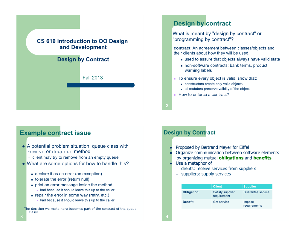 Design by Contract Example Contract Issue