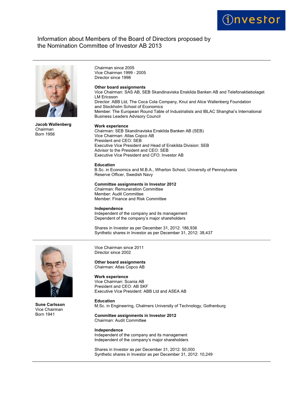 Information About Members of the Board of Directors Proposed by the Nomination Committee of Investor AB 2013