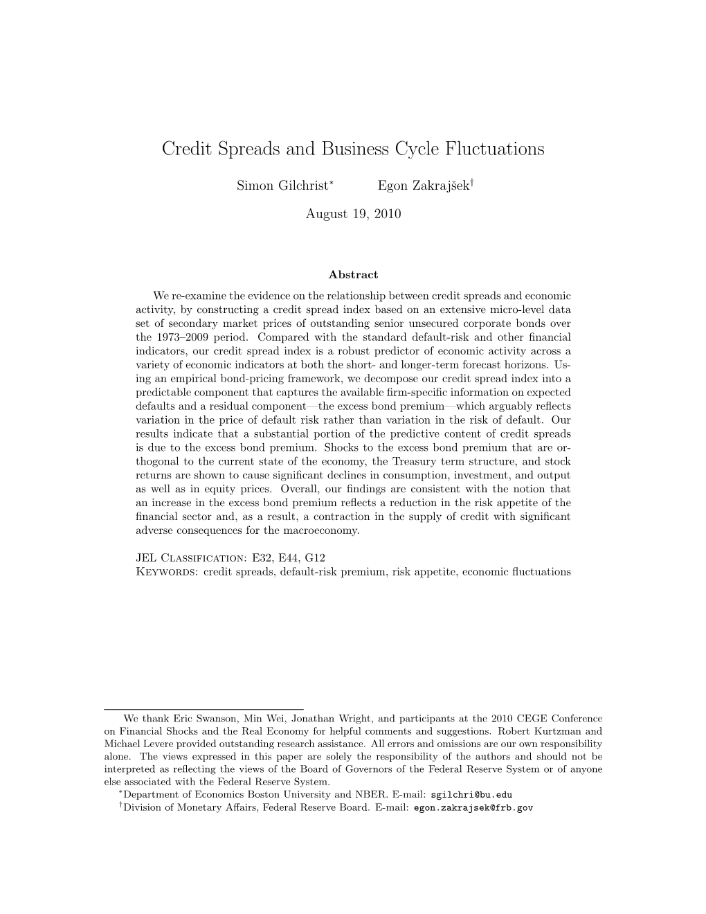 Credit Spreads and Business Cycle Fluctuations