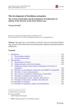 The Development of Euclidean Axiomatics the Systems of Principles and the Foundations of Mathematics in Editions of the Elements in the Early Modern Age