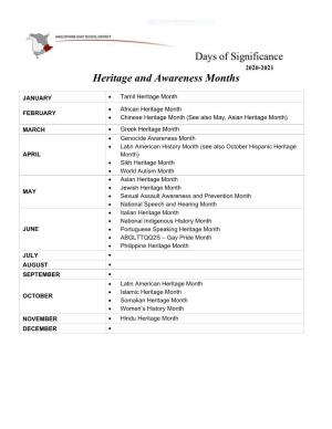 Heritage and Awareness Months