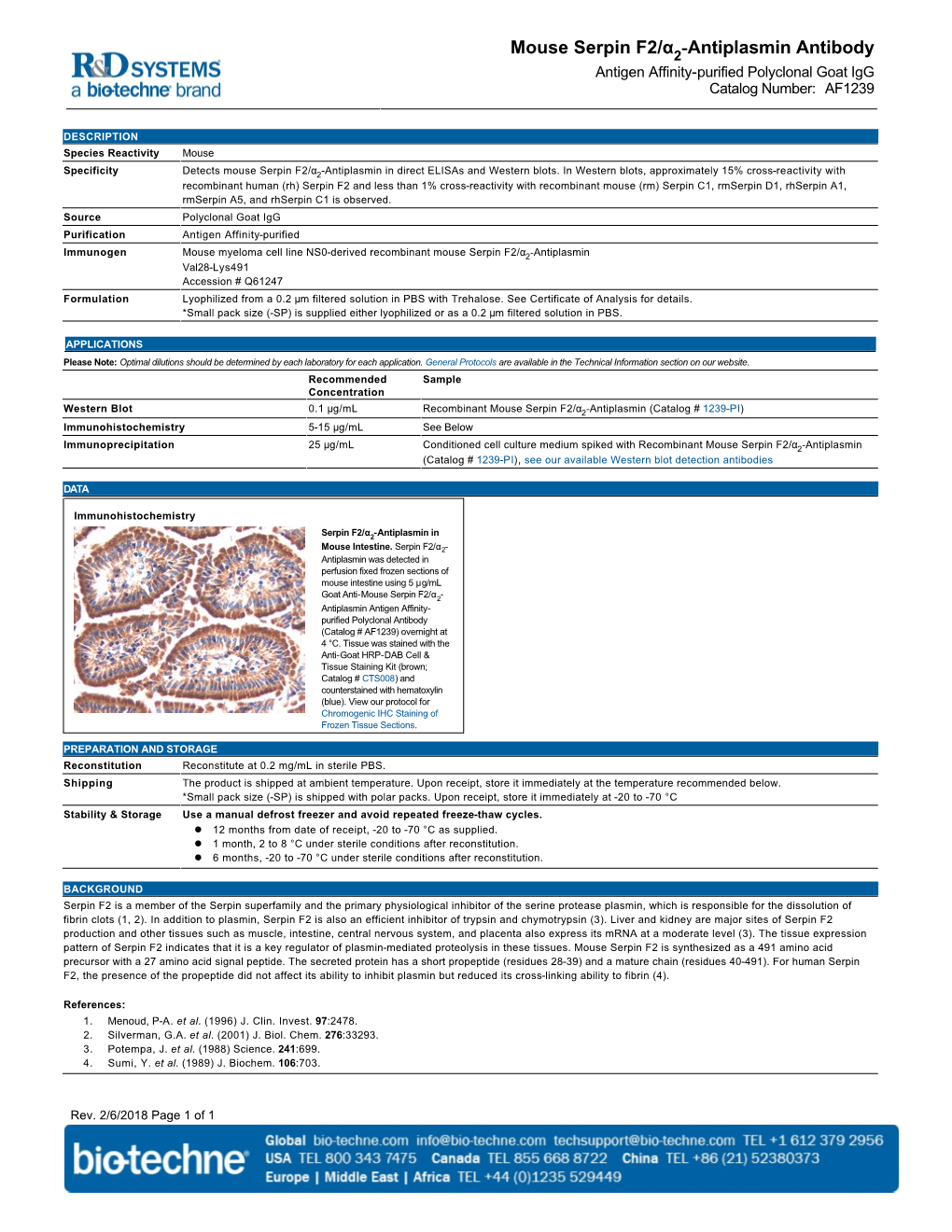 Mouse Serpin F2/Α -Antiplasmin Antibody