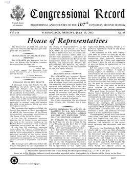 Congressional Record United States Th of America PROCEEDINGS and DEBATES of the 107 CONGRESS, SECOND SESSION