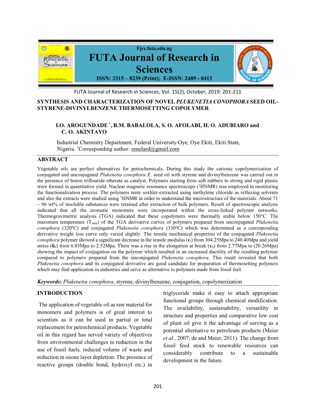 FUTA Journal of Research in Sciences ISSN: 2315 – 8239 (Print); E-ISSN: 2489 - 0413 FUTA Journal of Research in Sciences, Vol