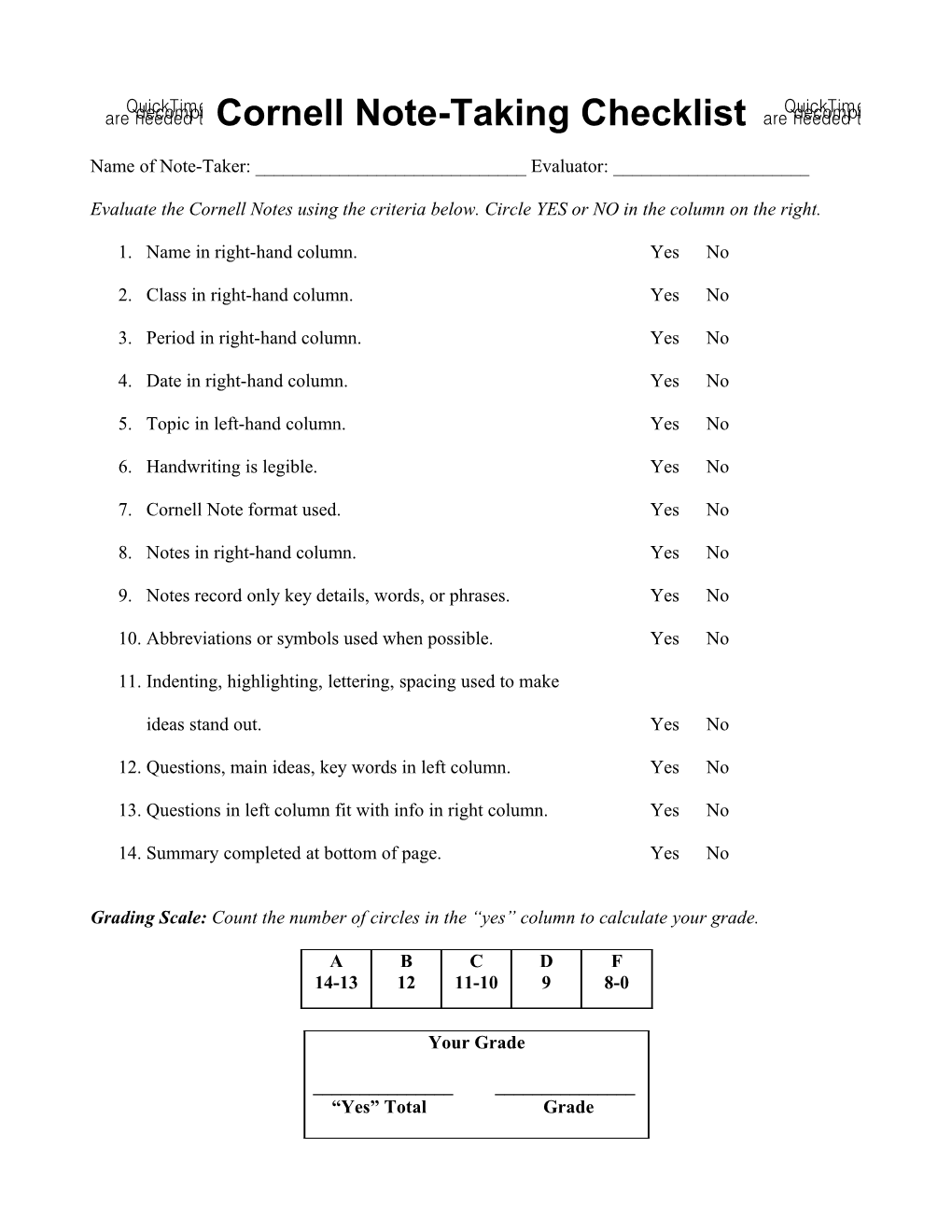 Cornell Note-Taking Checklist