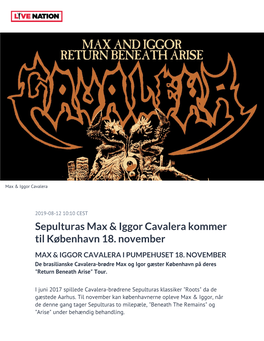 Sepulturas Max & Iggor Cavalera Kommer Til København 18. November