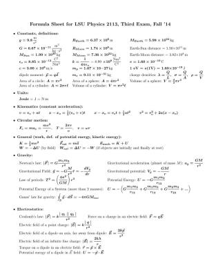 Formula Sheet for LSU Physics 2113, Third Exam, Fall ’14