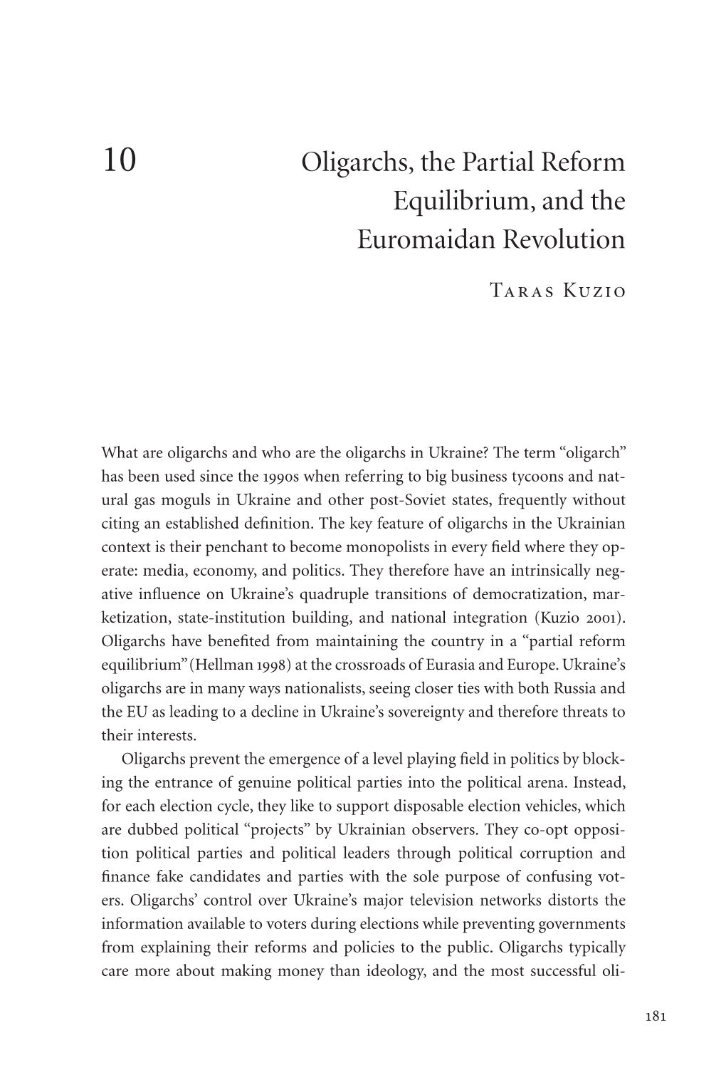 Oligarchs, the Partial Reform Equilibrium, and the Euromaidan Revolution