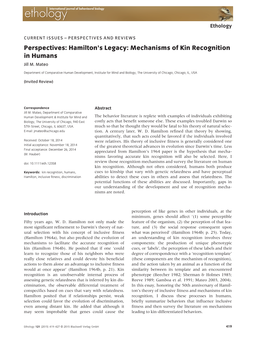 Perspectives: Hamilton&#X0027;S Legacy: Mechanisms of Kin Recognition in Humans