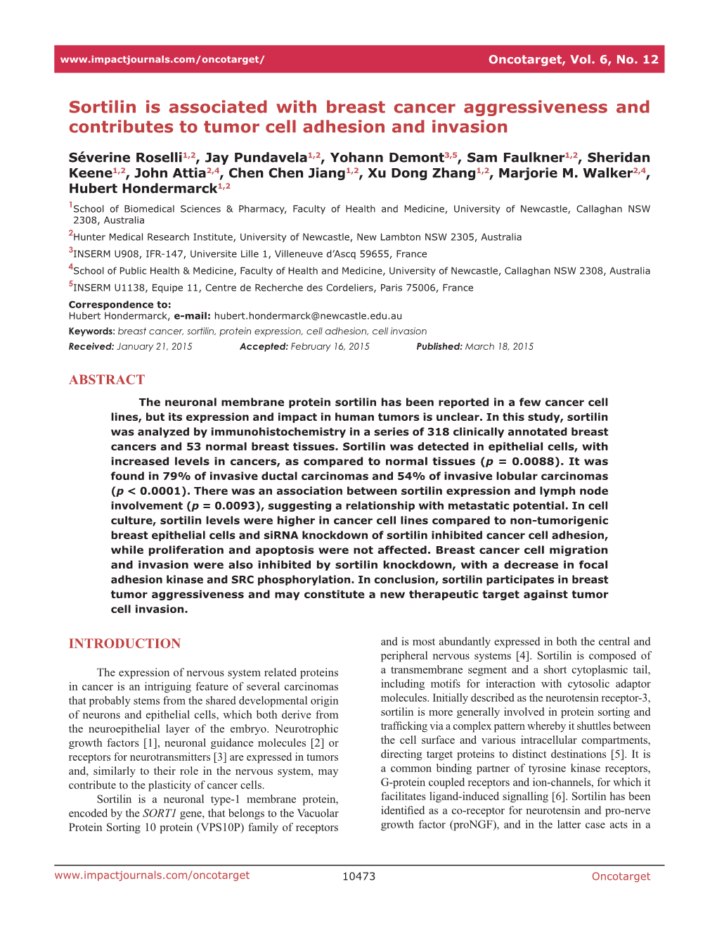 Sortilin Is Associated with Breast Cancer Aggressiveness and Contributes to Tumor Cell Adhesion and Invasion