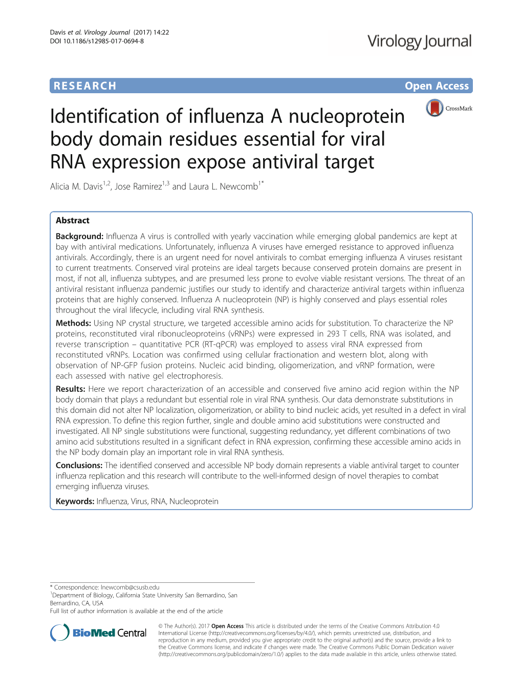 Identification of Influenza a Nucleoprotein Body Domain Residues Essential for Viral RNA Expression Expose Antiviral Target Alicia M