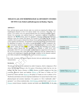 MOLECULAR and MORPHOLOGICAL DIVERSITY STUDIES of FIVE Cola (Schott Andendl.)Species in Ibadan, Nigeria