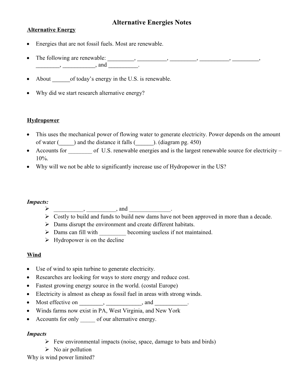 Alternative Energies Notes