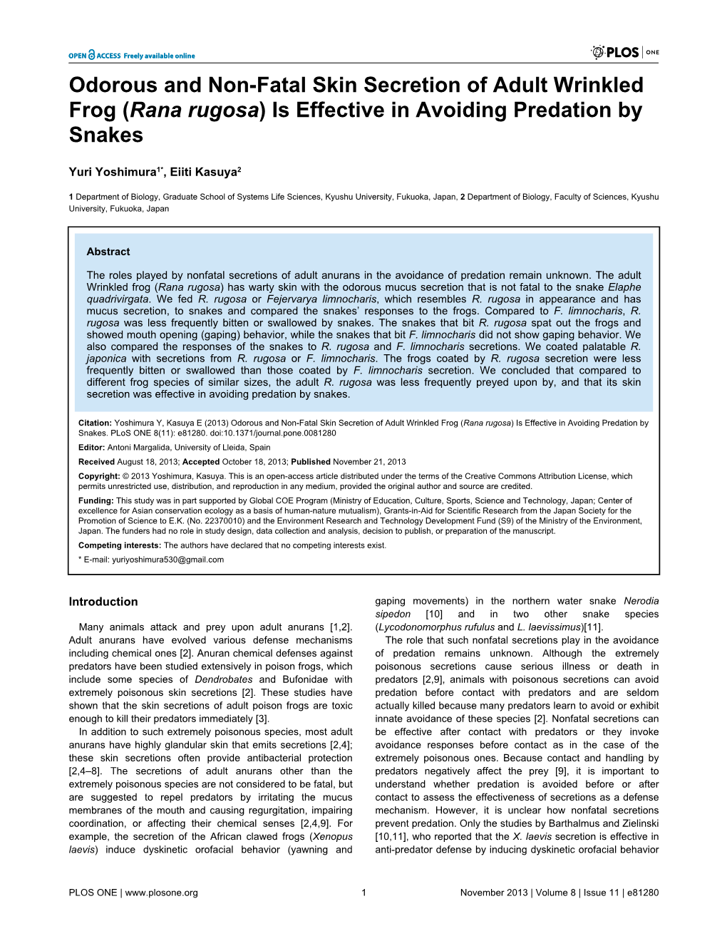 Odorous and Non-Fatal Skin Secretion of Adult Wrinkled Frog (Rana Rugosa) Is Effective in Avoiding Predation by Snakes