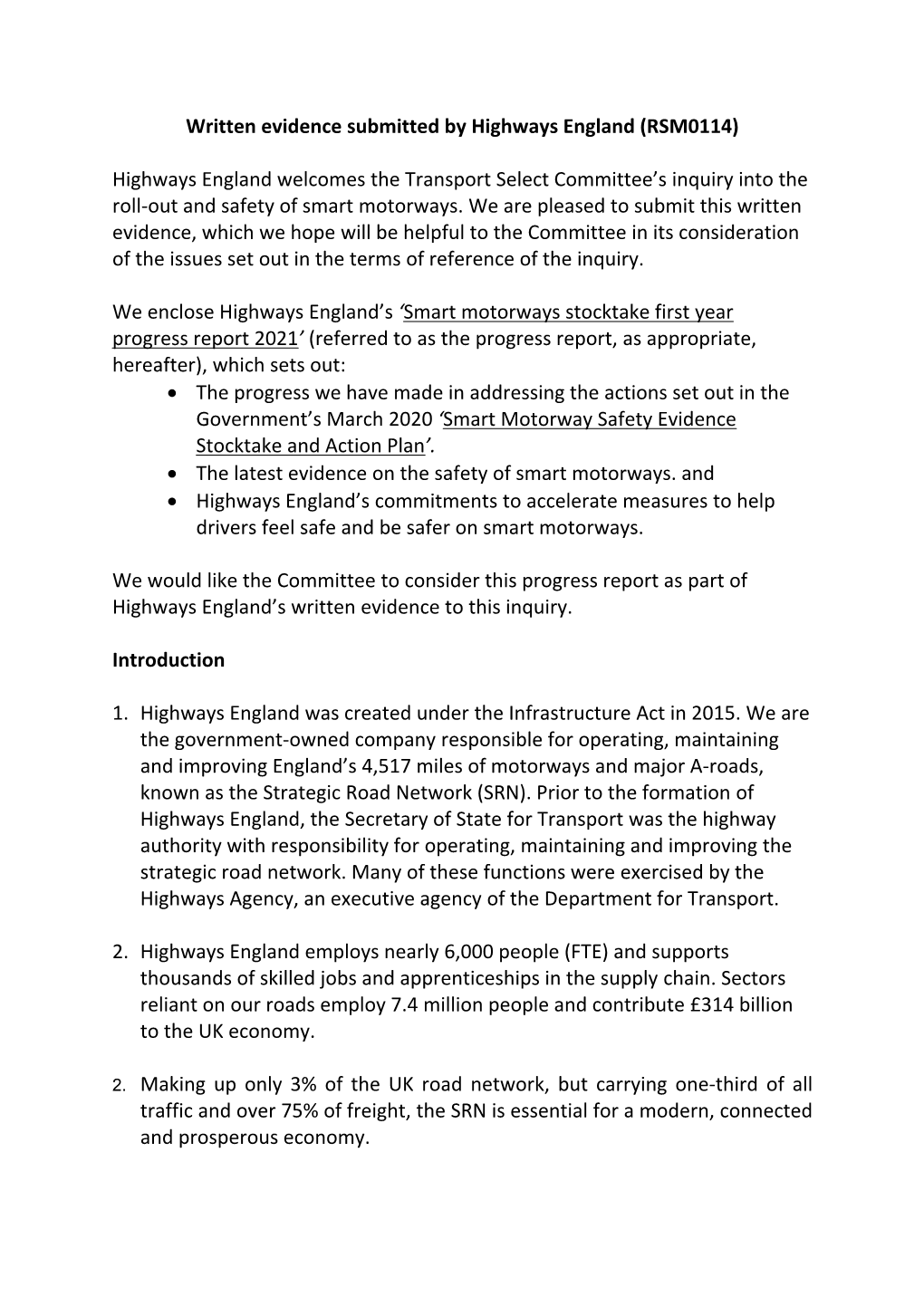 Written Evidence Submitted by Highways England (RSM0114)