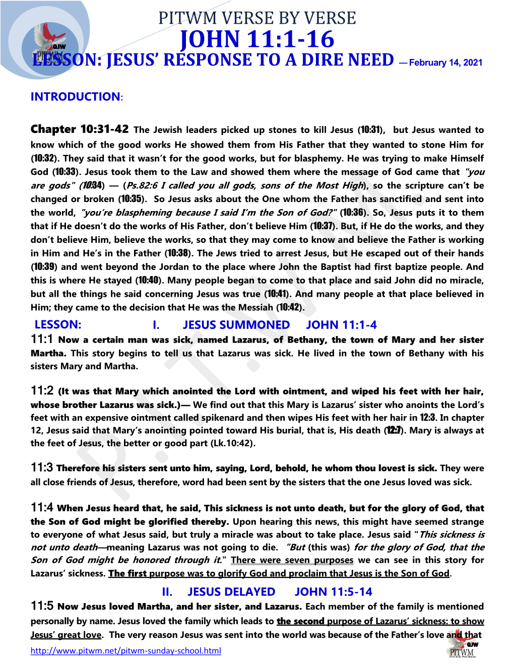 John 11:1-16 Lesson: Jesus' Response to a Dire