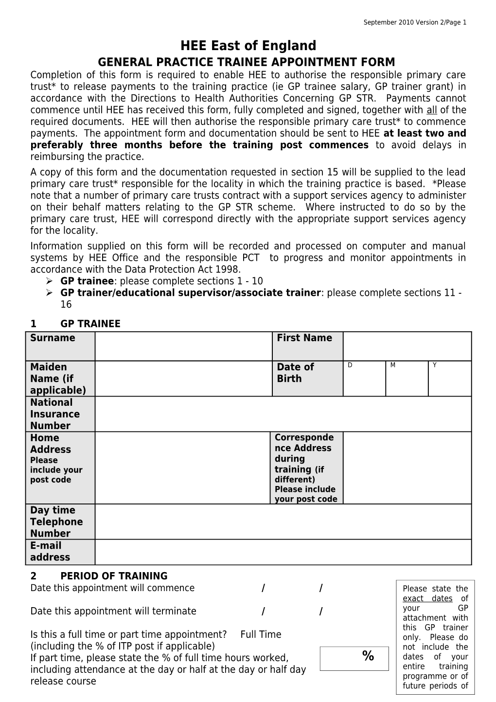 General Practice Trainee Appointment Form