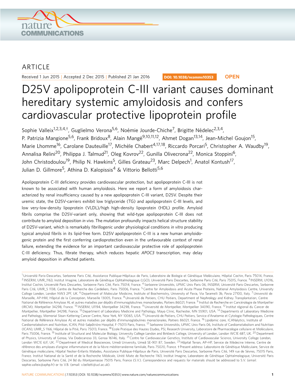 D25V Apolipoprotein C-III Variant Causes Dominant Hereditary Systemic Amyloidosis and Confers Cardiovascular Protective Lipoprotein Proﬁle