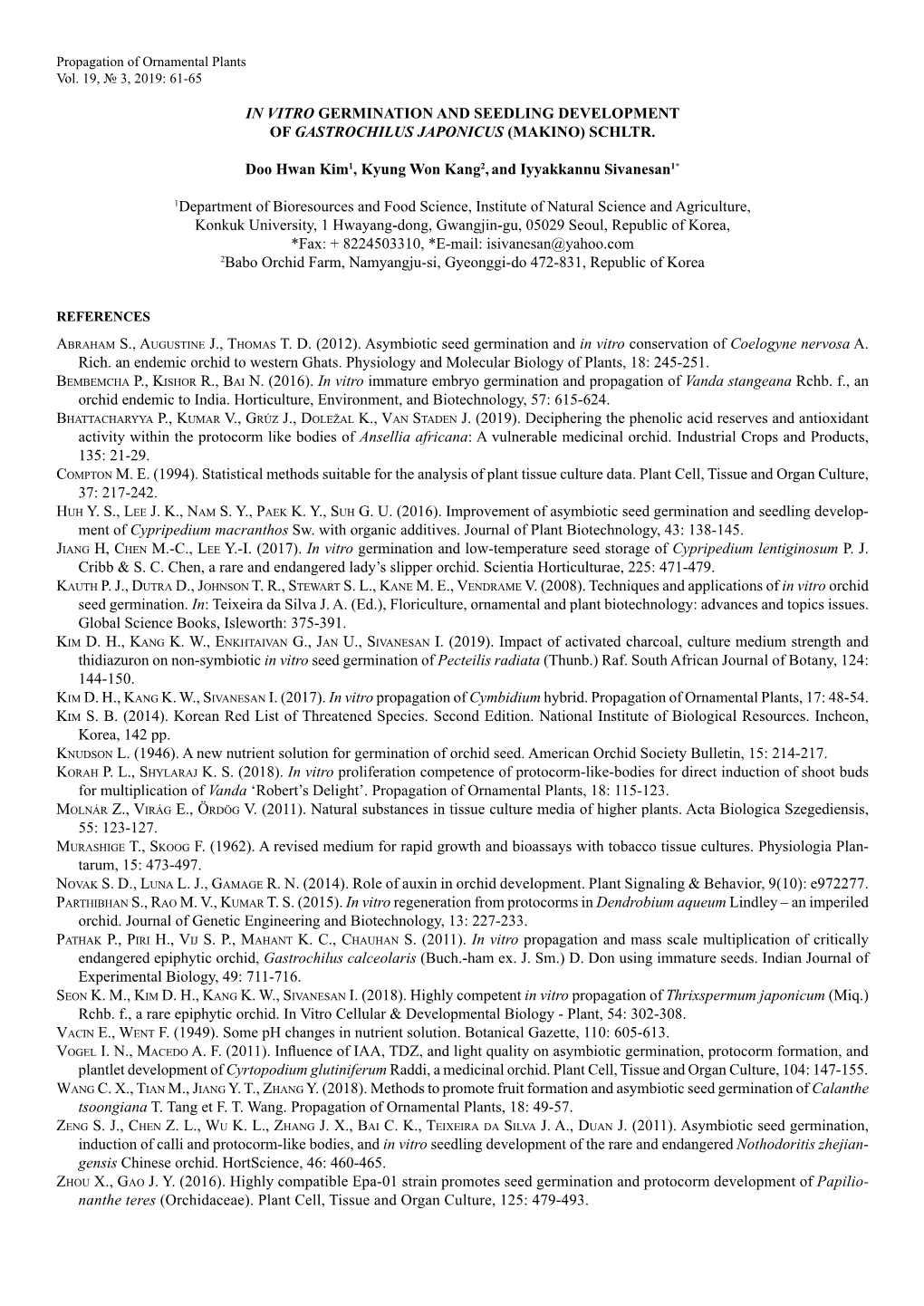 In Vitro Germination and Seedling Development of Gastrochilus Japonicus (Makino) Schltr